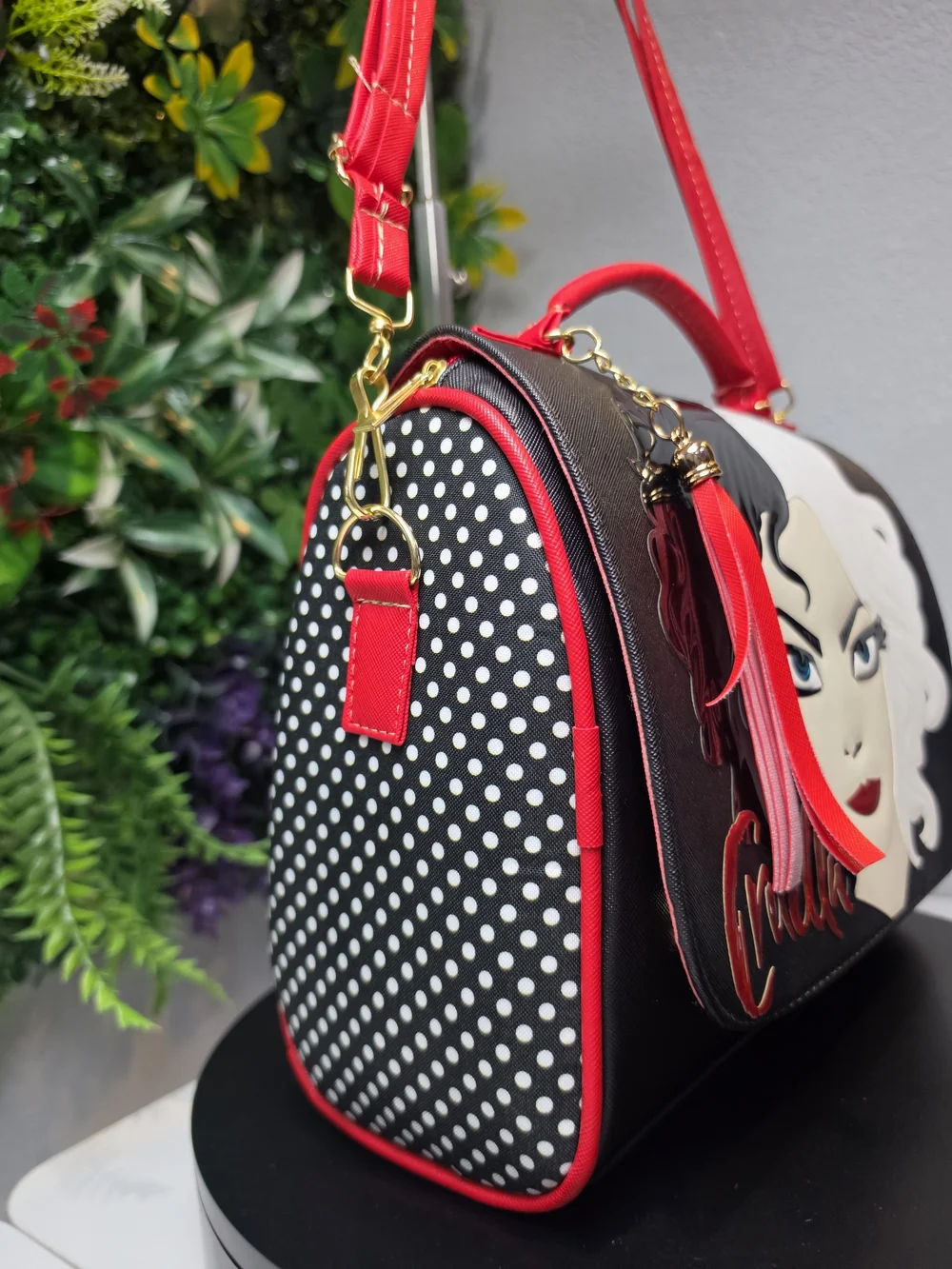 Black and Red Women's Satchel with Graphic Face Detail